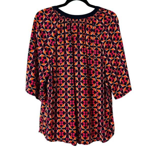 Crown & Ivy 2X partridge print navy orange pink white V-neck elbow sleeve - Picture 4 of 11